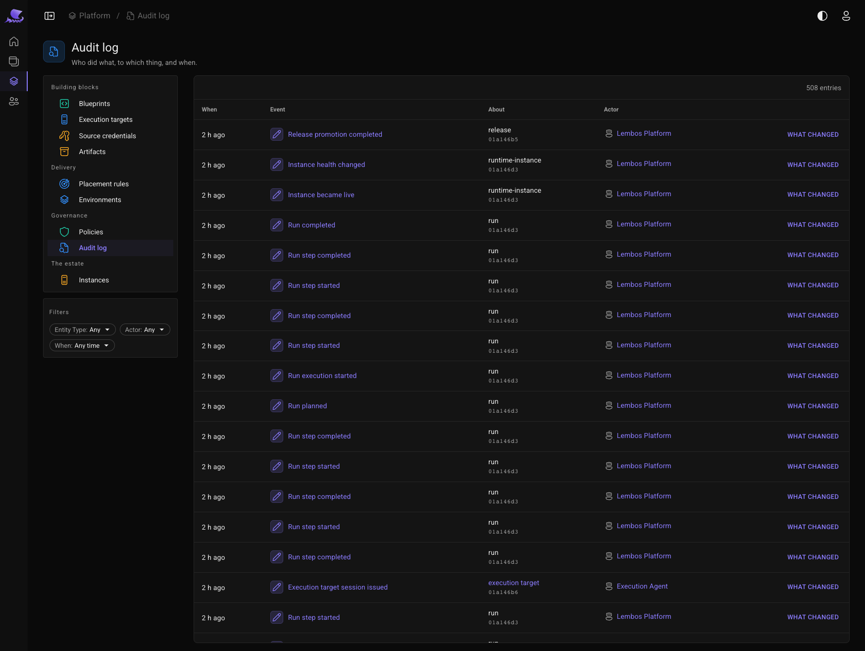The audit log: each change with when it happened, the event, the entity it touched and who made it.