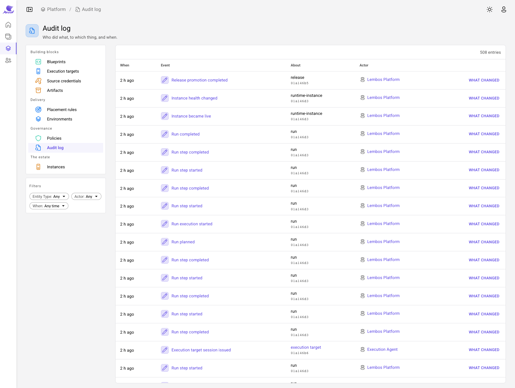 The audit log: each change with when it happened, the event, the entity it touched and who made it.
