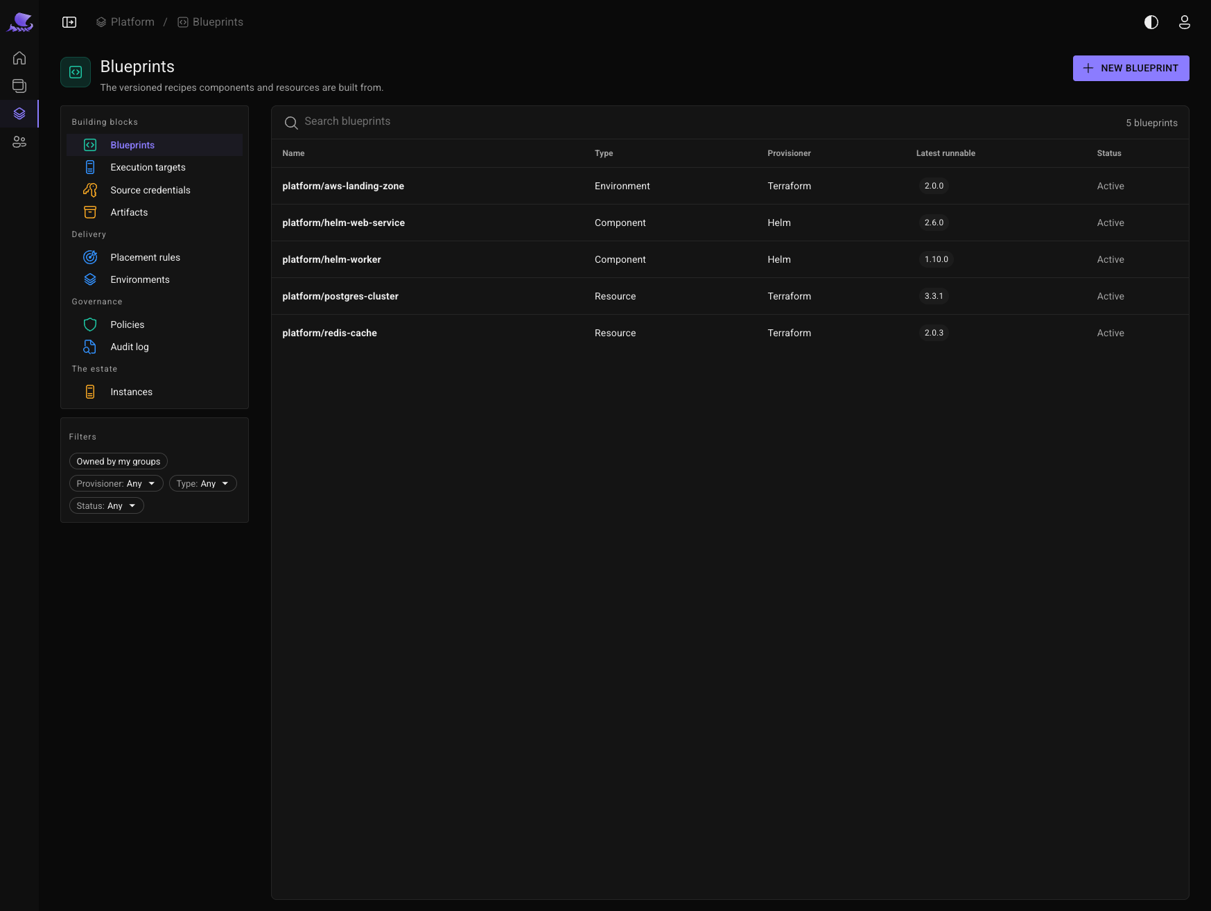 The blueprints: environment, component and resource recipes, each with its provisioner, latest version and status.