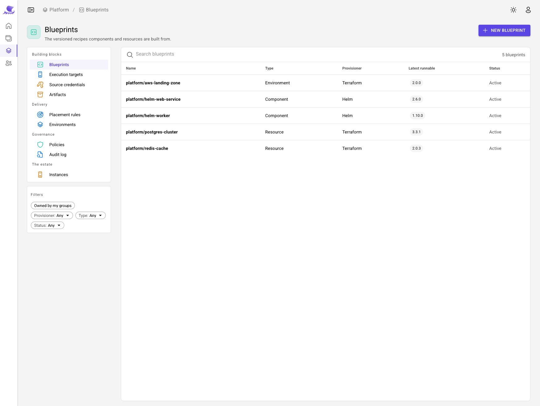 The blueprints: environment, component and resource recipes, each with its provisioner, latest version and status.