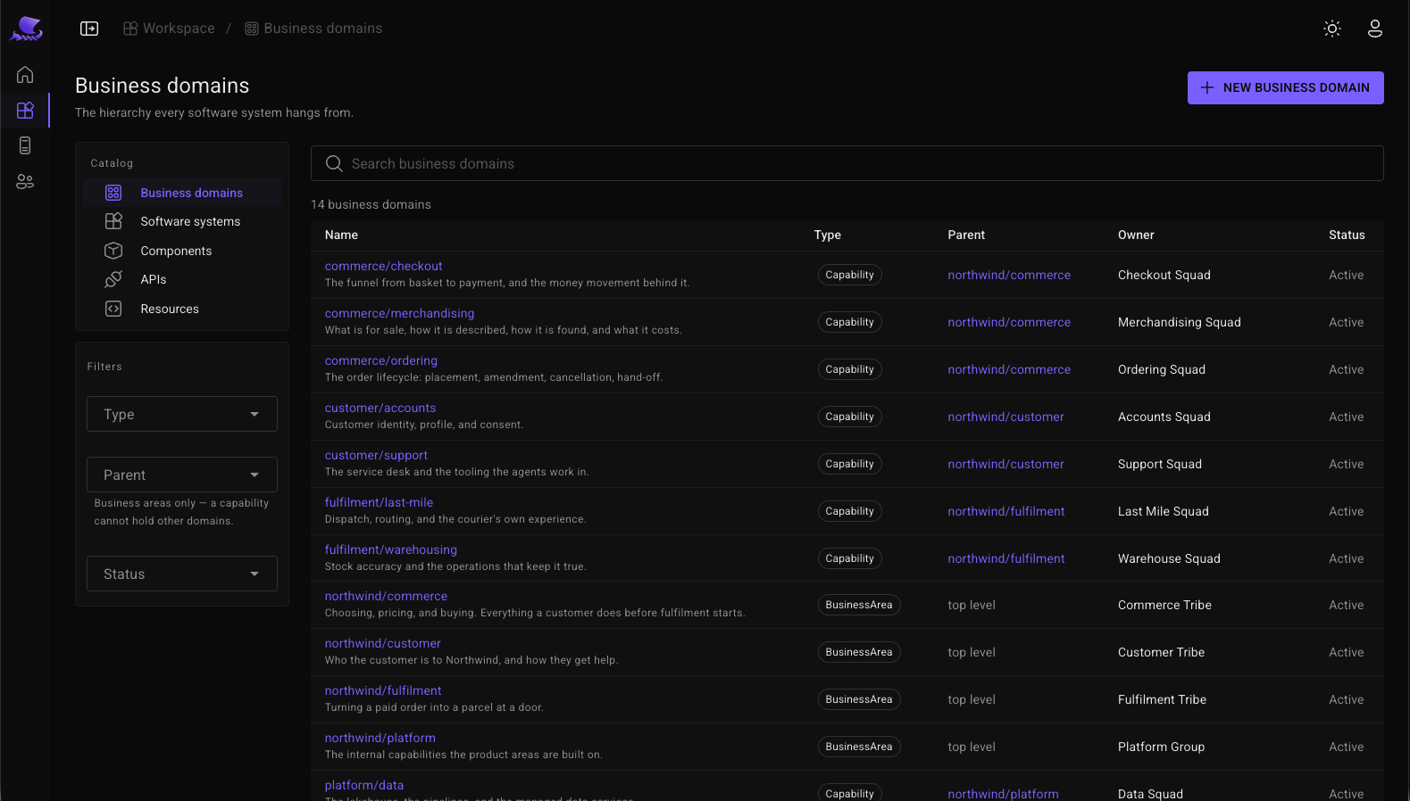 The Lembos Portal listing business domains, each with its type, parent, owner and status.