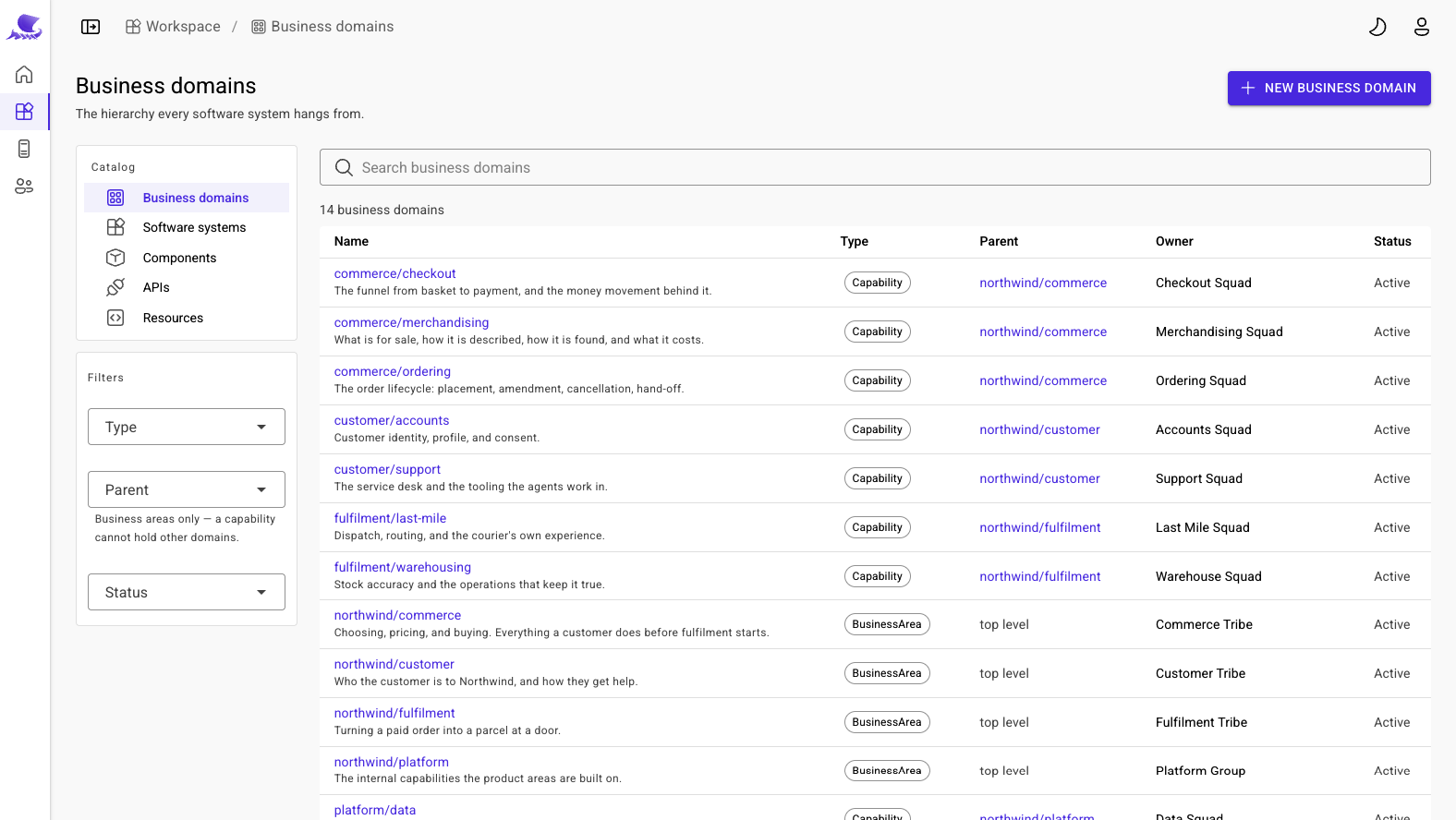 The Lembos Portal listing business domains, each with its type, parent, owner and status.