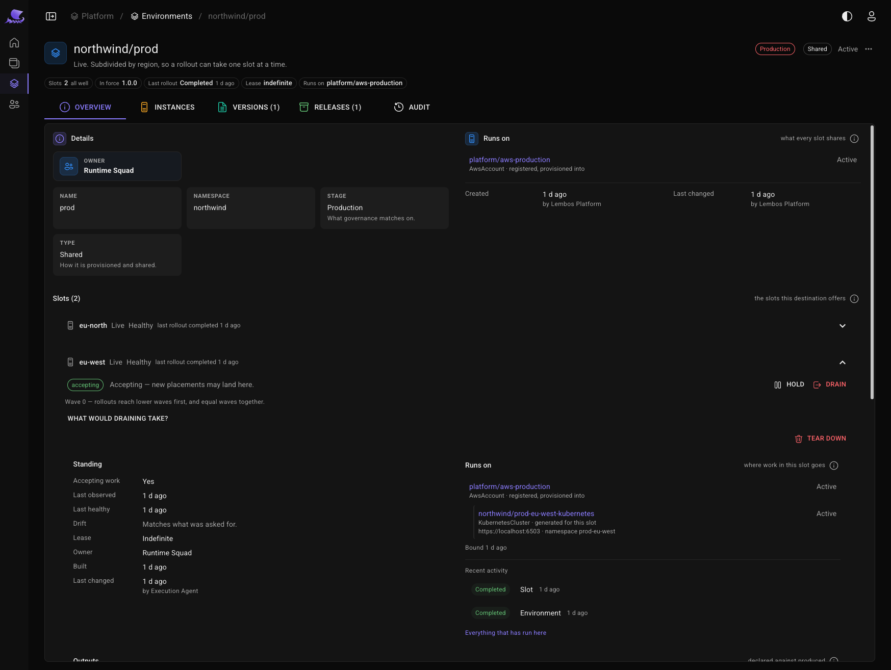 A production environment in the Portal, subdivided into eu-north and eu-west slots, each reporting live and healthy.