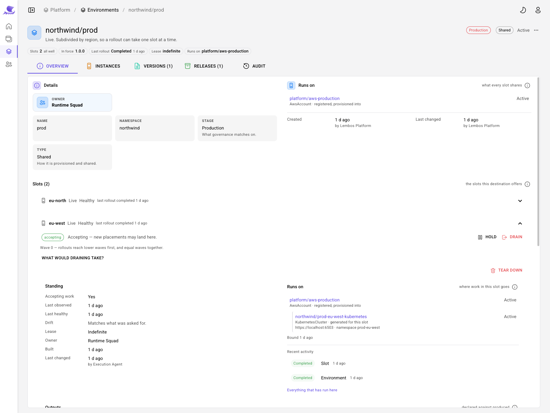 A production environment in the Portal, subdivided into eu-north and eu-west slots, each reporting live and healthy.