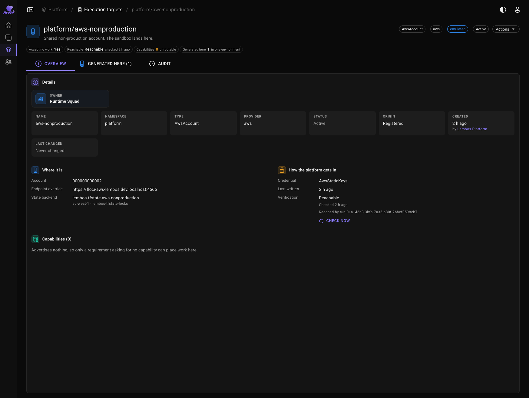 An AWS account registered as an execution target, showing its account and state backend, its static-key credential verified as reachable, and a Check now action.