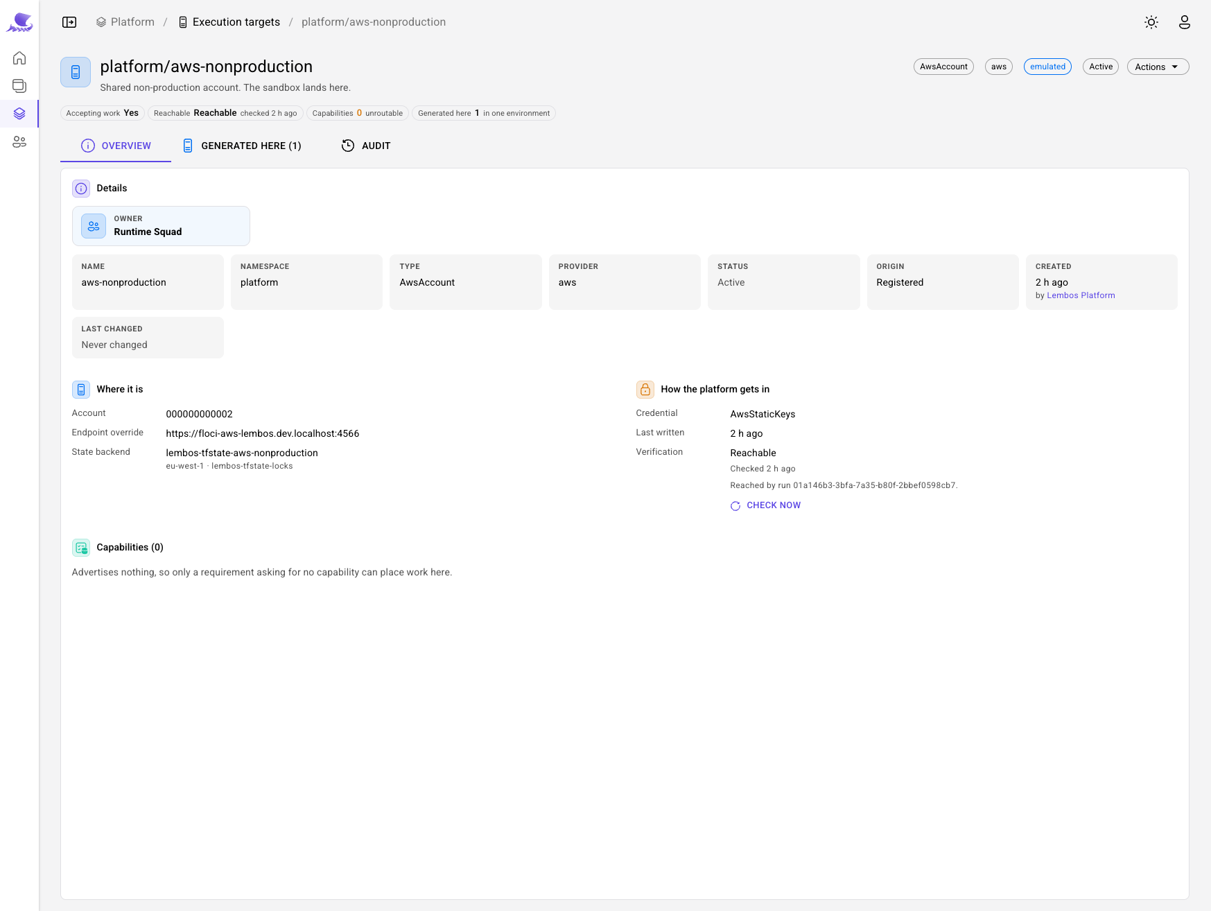 An AWS account registered as an execution target, showing its account and state backend, its static-key credential verified as reachable, and a Check now action.