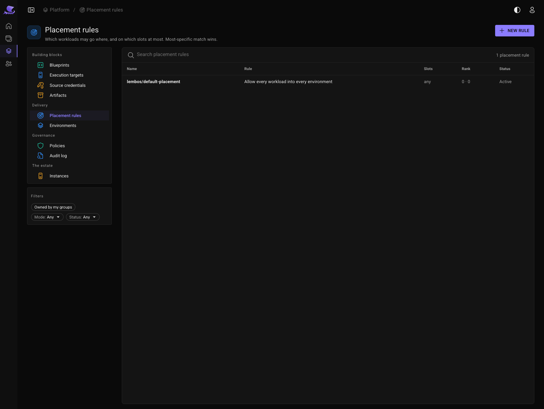 The placement rules: here the single default rule, allowing every workload into every environment, with its slots, rank and status.