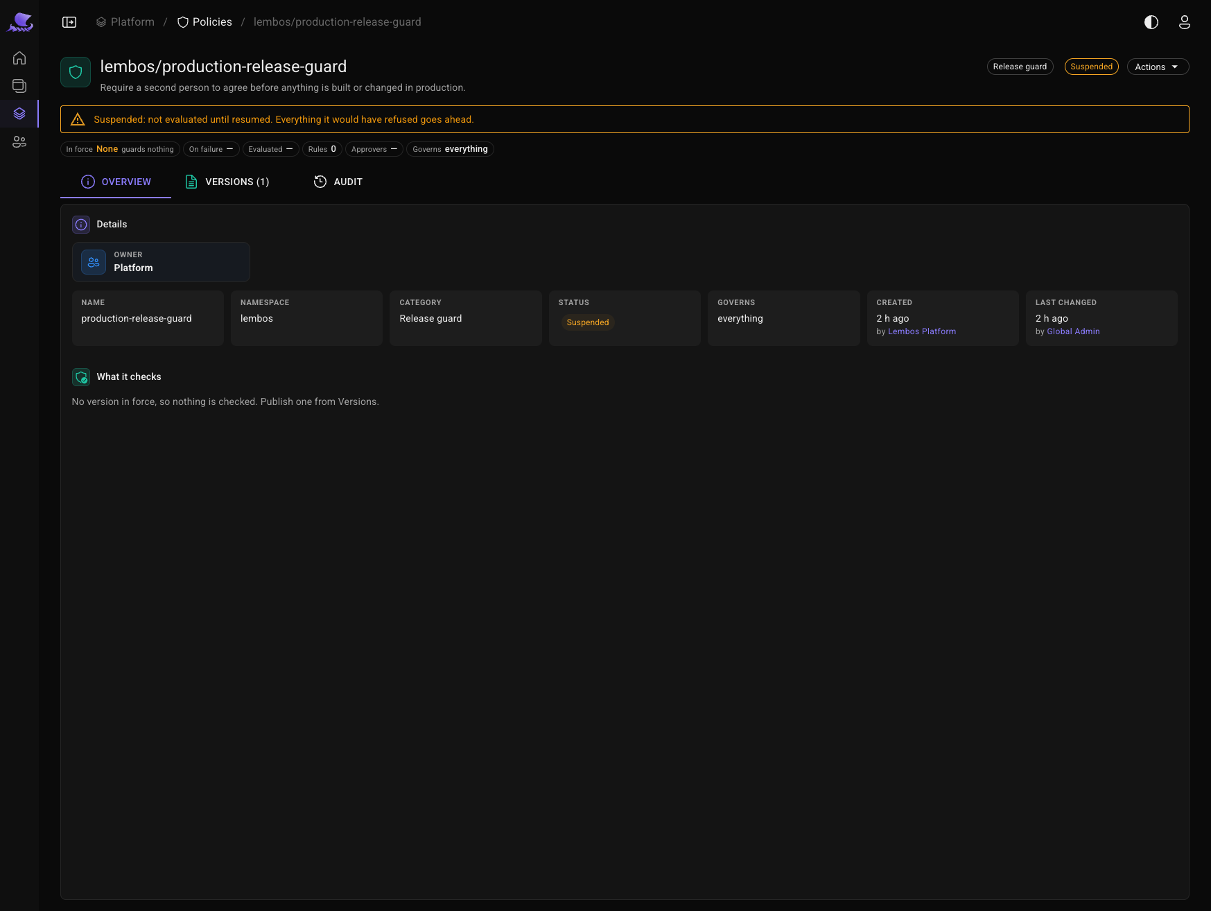 A suspended production release guard: its owner, category and scope, and a notice that nothing is checked until it is resumed.