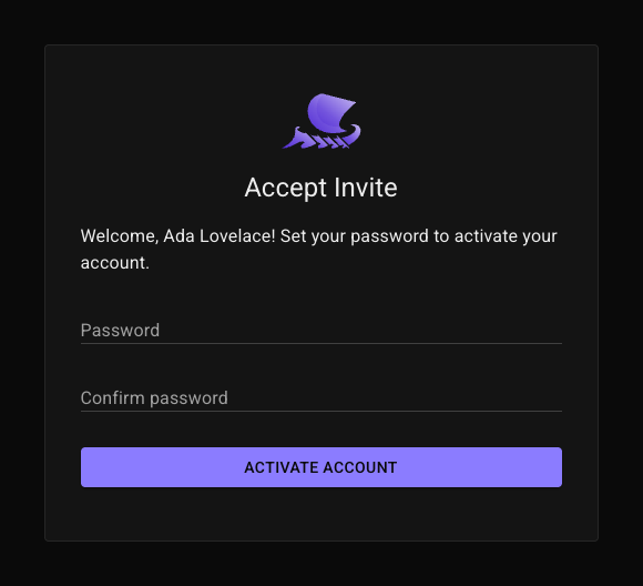 Identity's Accept Invite page: Welcome, Ada Lovelace — set a password and confirm it to activate the account.