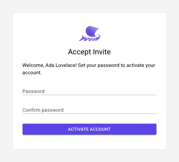 Identity's Accept Invite page: Welcome, Ada Lovelace — set a password and confirm it to activate the account.
