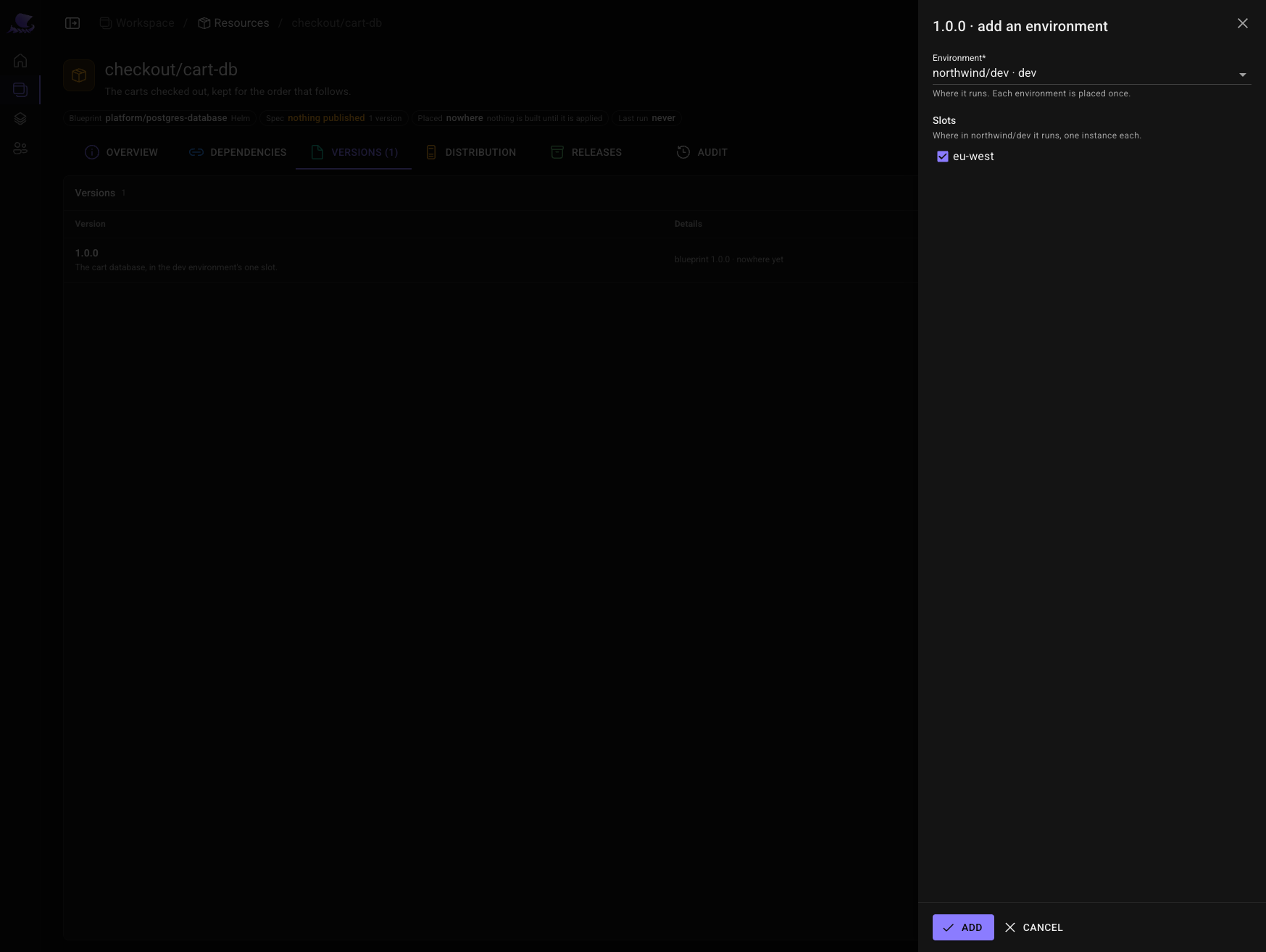 Placing cart-db's spec version 1.0.0: northwind/dev, in the eu-west slot.
