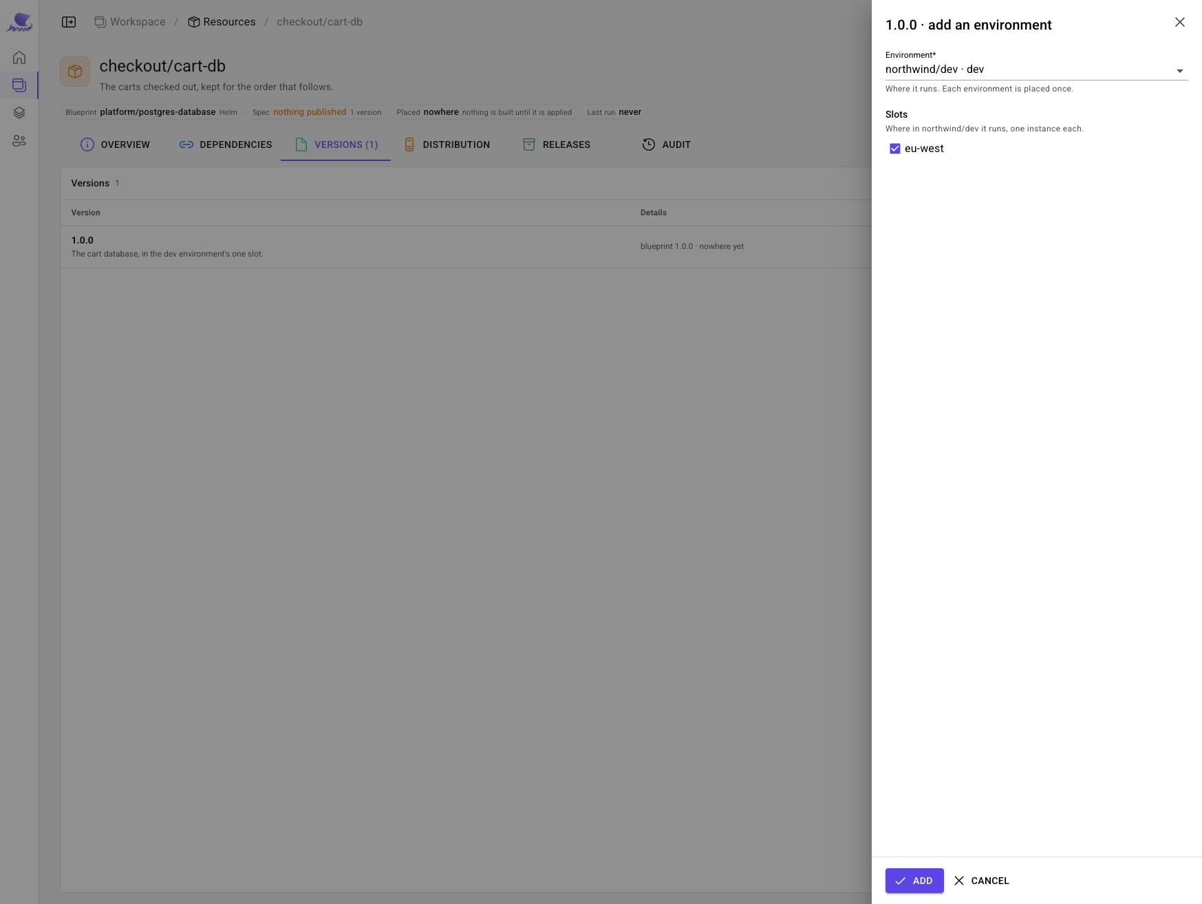 Placing cart-db's spec version 1.0.0: northwind/dev, in the eu-west slot.