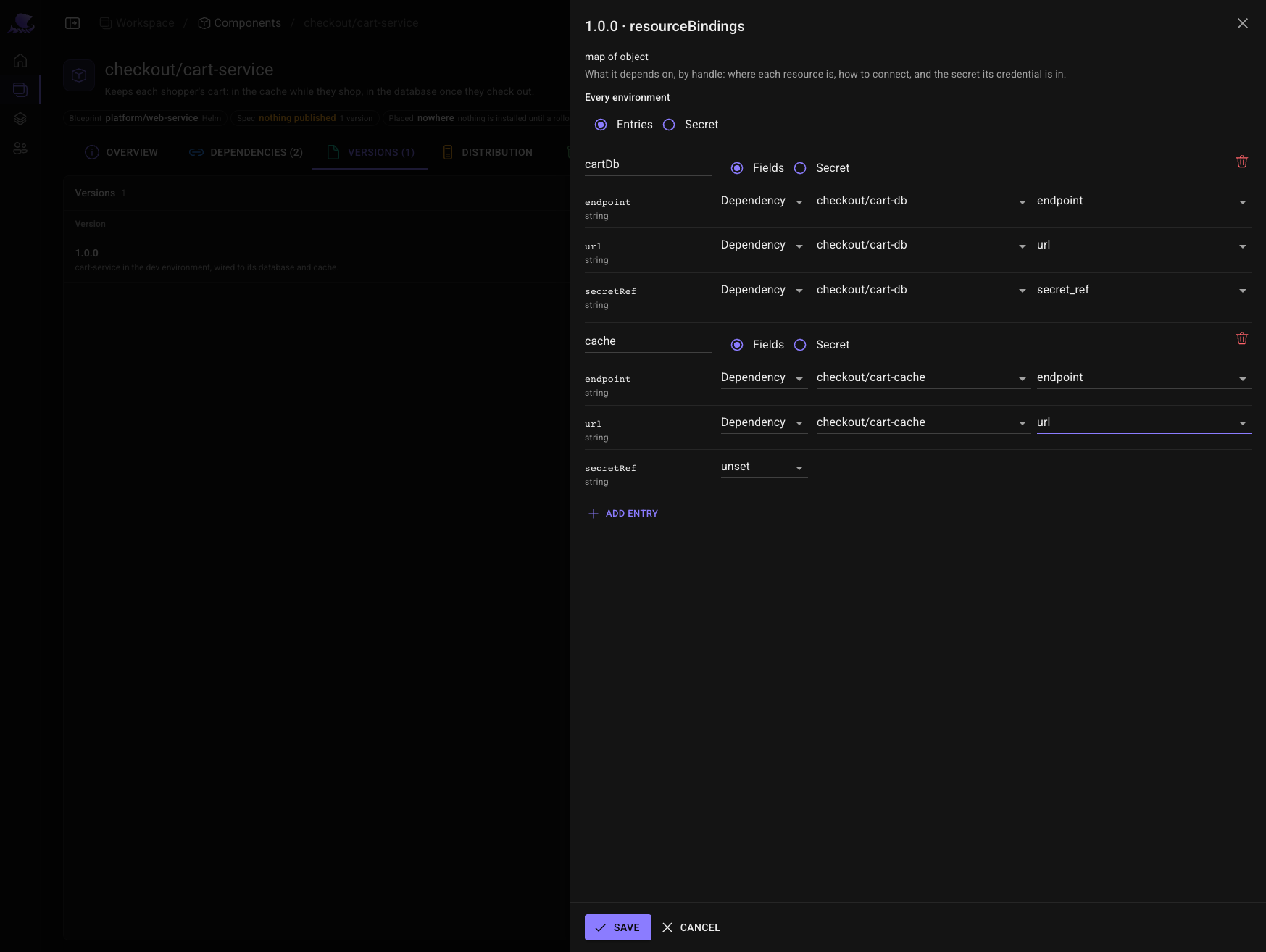 The resourceBindings sheet: cartDb's endpoint, url and secretRef read from checkout/cart-db's outputs, and cache's endpoint and url from checkout/cart-cache's.