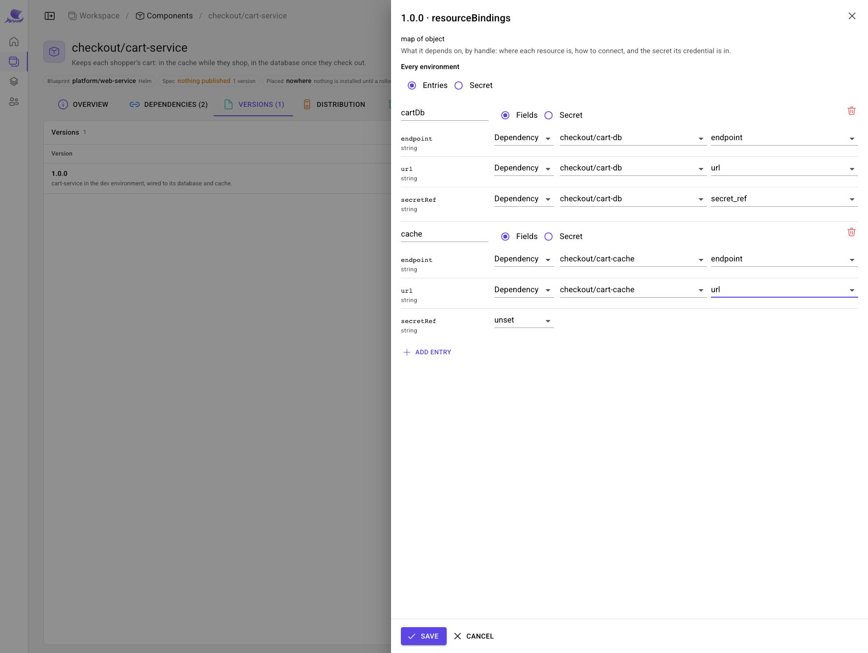 The resourceBindings sheet: cartDb's endpoint, url and secretRef read from checkout/cart-db's outputs, and cache's endpoint and url from checkout/cart-cache's.