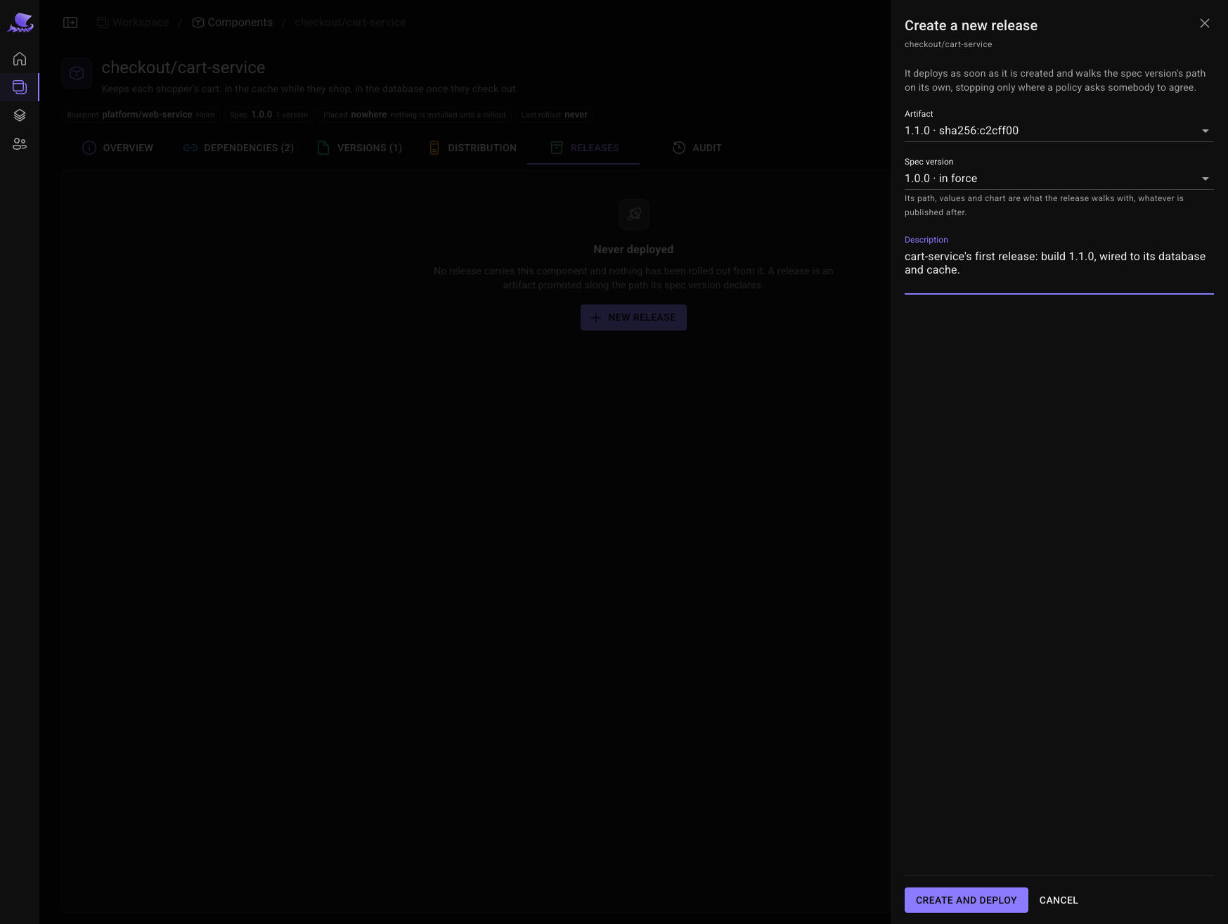 The Create a new release panel: artifact 1.1.0, spec version 1.0.0 in force, and a description.