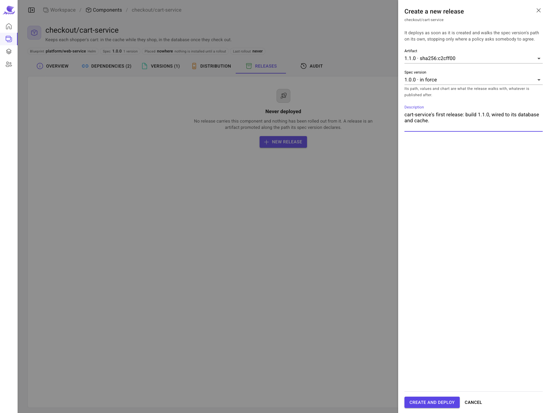 The Create a new release panel: artifact 1.1.0, spec version 1.0.0 in force, and a description.