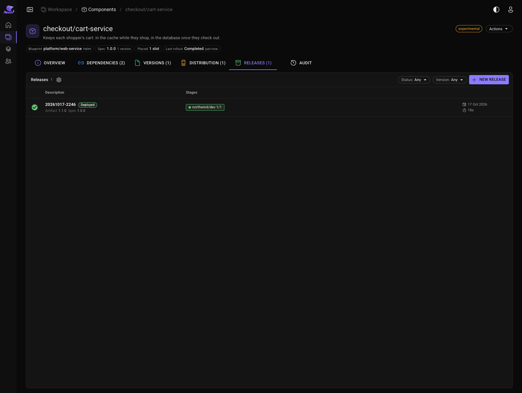 cart-service's releases: one, deployed to northwind/dev, artifact 1.1.0 and spec 1.0.0, in 19 seconds.