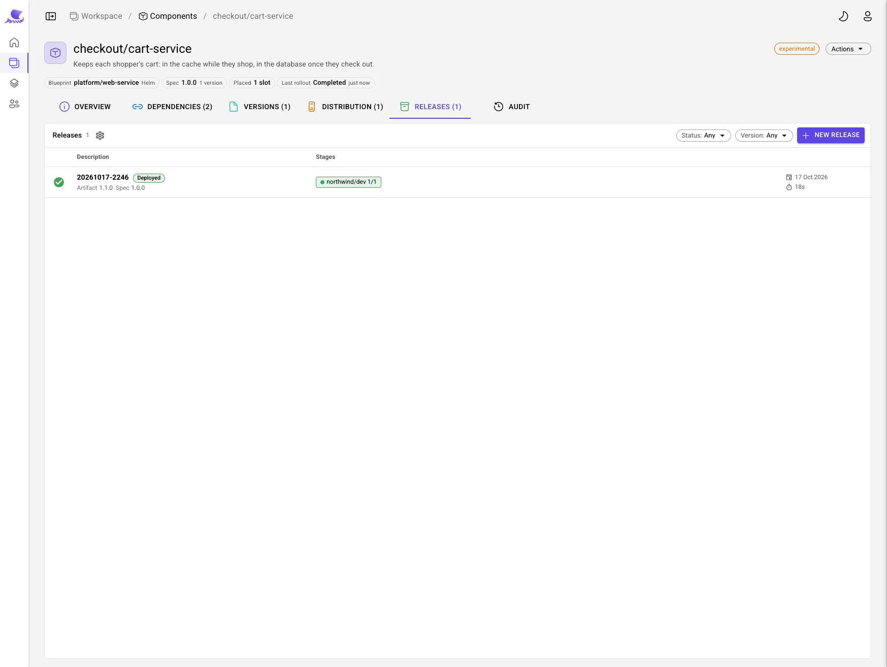 cart-service's releases: one, deployed to northwind/dev, artifact 1.1.0 and spec 1.0.0, in 19 seconds.