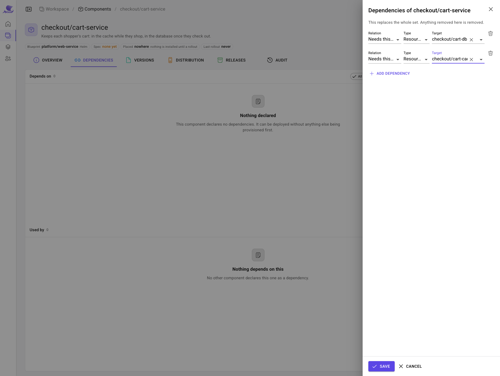 cart-service's dependencies: it needs checkout/cart-db and checkout/cart-cache to run.
