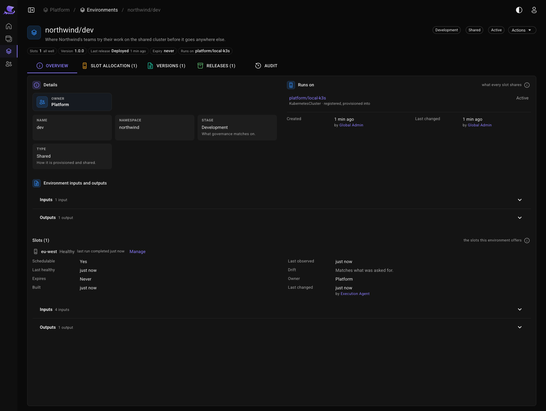 northwind/dev: version 1.0.0 deployed on platform/local-k3s, its one slot eu-west healthy, with one environment output and one slot output.
