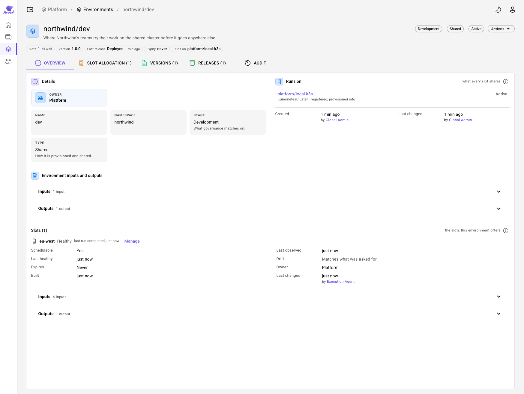 northwind/dev: version 1.0.0 deployed on platform/local-k3s, its one slot eu-west healthy, with one environment output and one slot output.