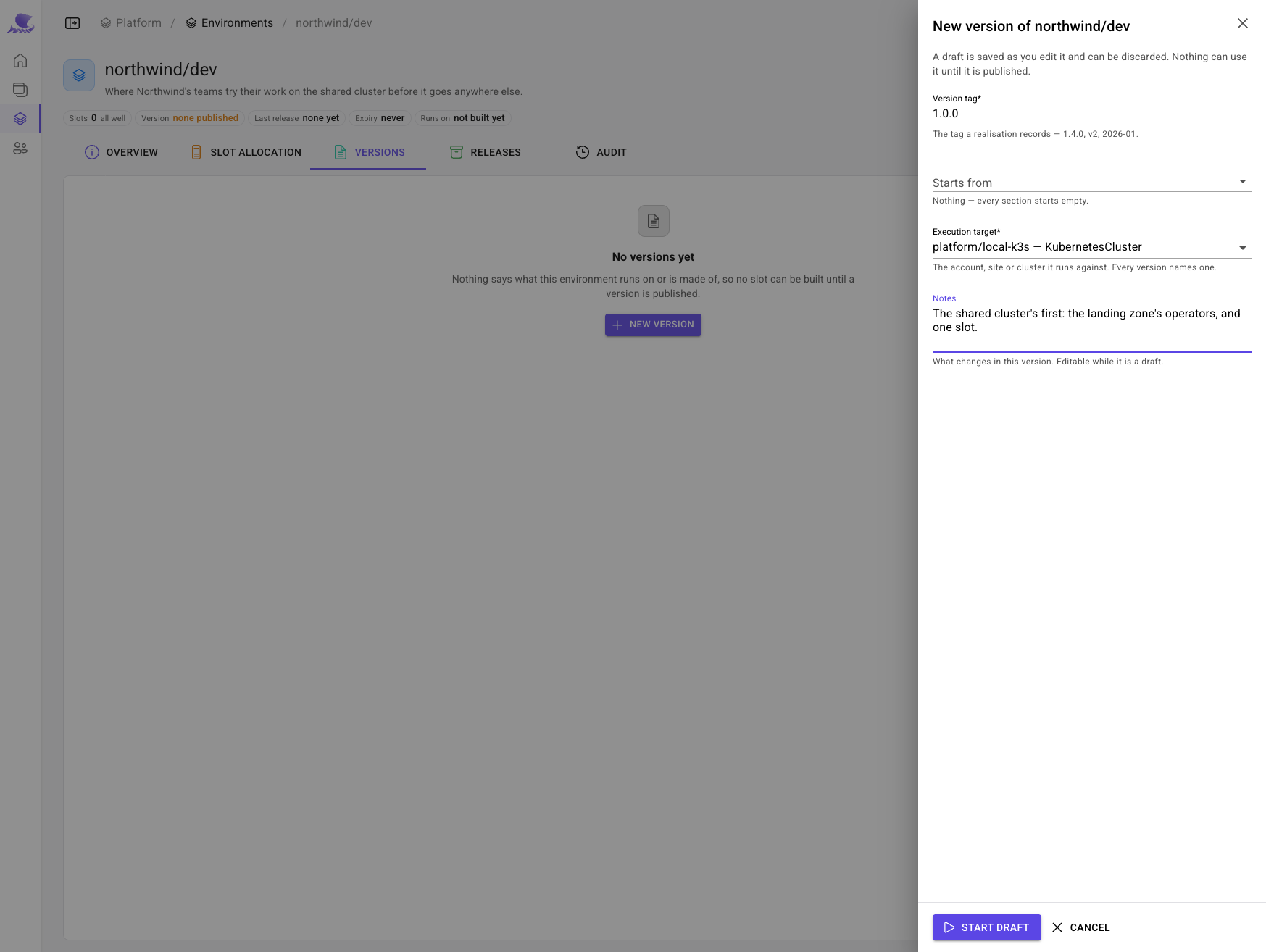 The new version sheet for northwind/dev: version 1.0.0 on the execution target platform/local-k3s.
