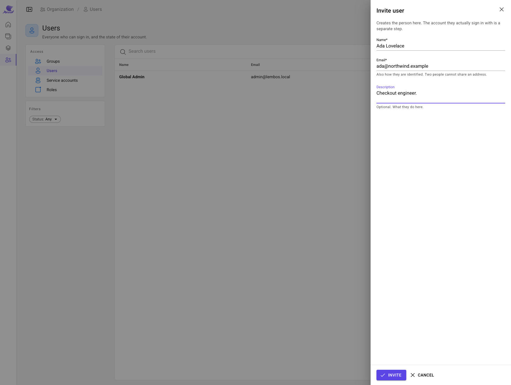 The Invite user sheet: Ada Lovelace, ada@northwind.example, described as a checkout engineer.