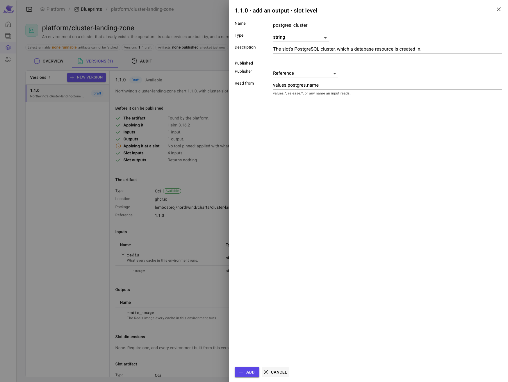 Adding the slot output postgres_cluster: published by reference, read from values.postgres.name.