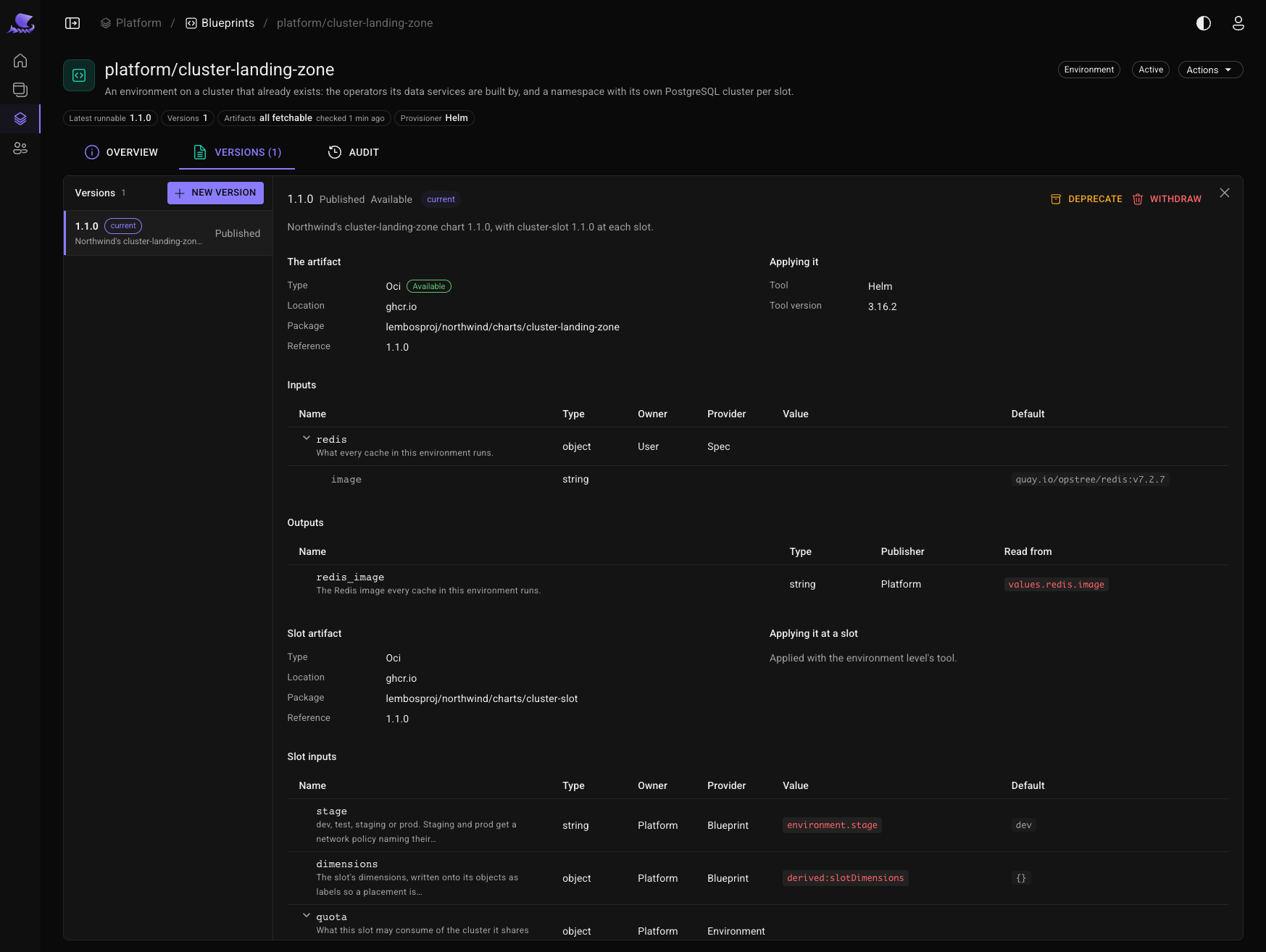 cluster-landing-zone 1.1.0, published and current: its chart, Helm 3.16.2, the redis input, the redis_image output, and the slot level's chart and inputs.