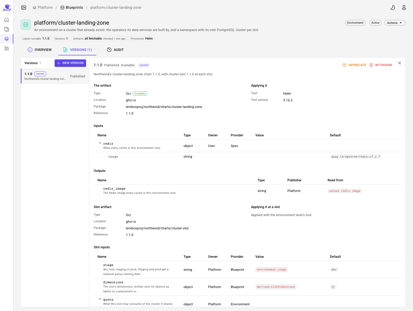 cluster-landing-zone 1.1.0, published and current: its chart, Helm 3.16.2, the redis input, the redis_image output, and the slot level's chart and inputs.