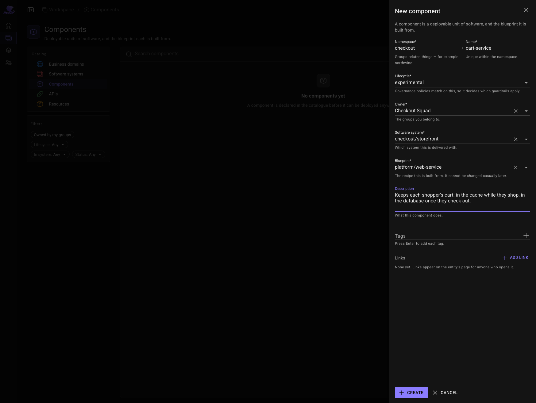 The New component sheet: checkout/cart-service, owned by Checkout Squad, in the storefront system, built from platform/web-service.
