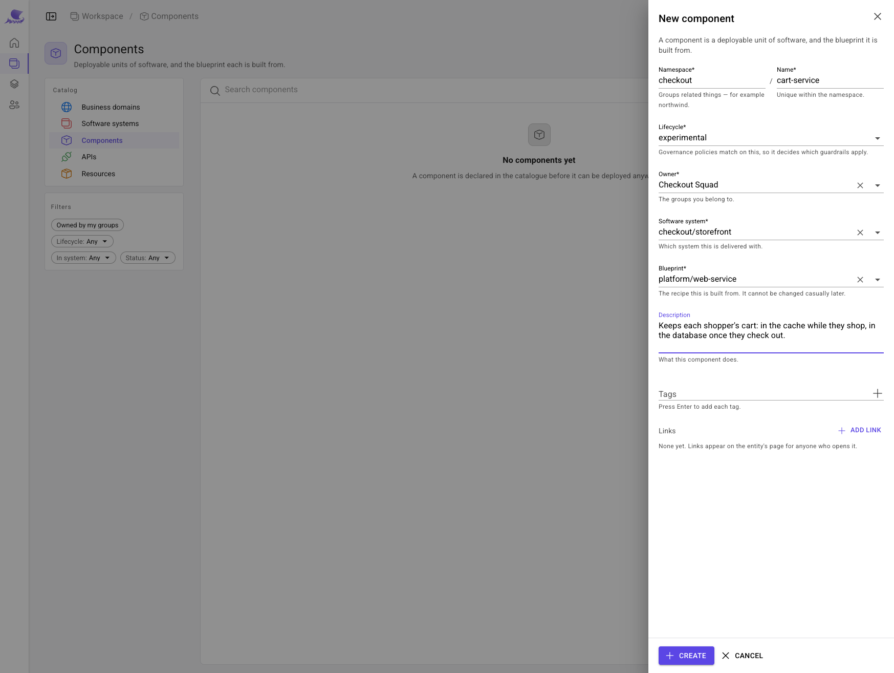 The New component sheet: checkout/cart-service, owned by Checkout Squad, in the storefront system, built from platform/web-service.