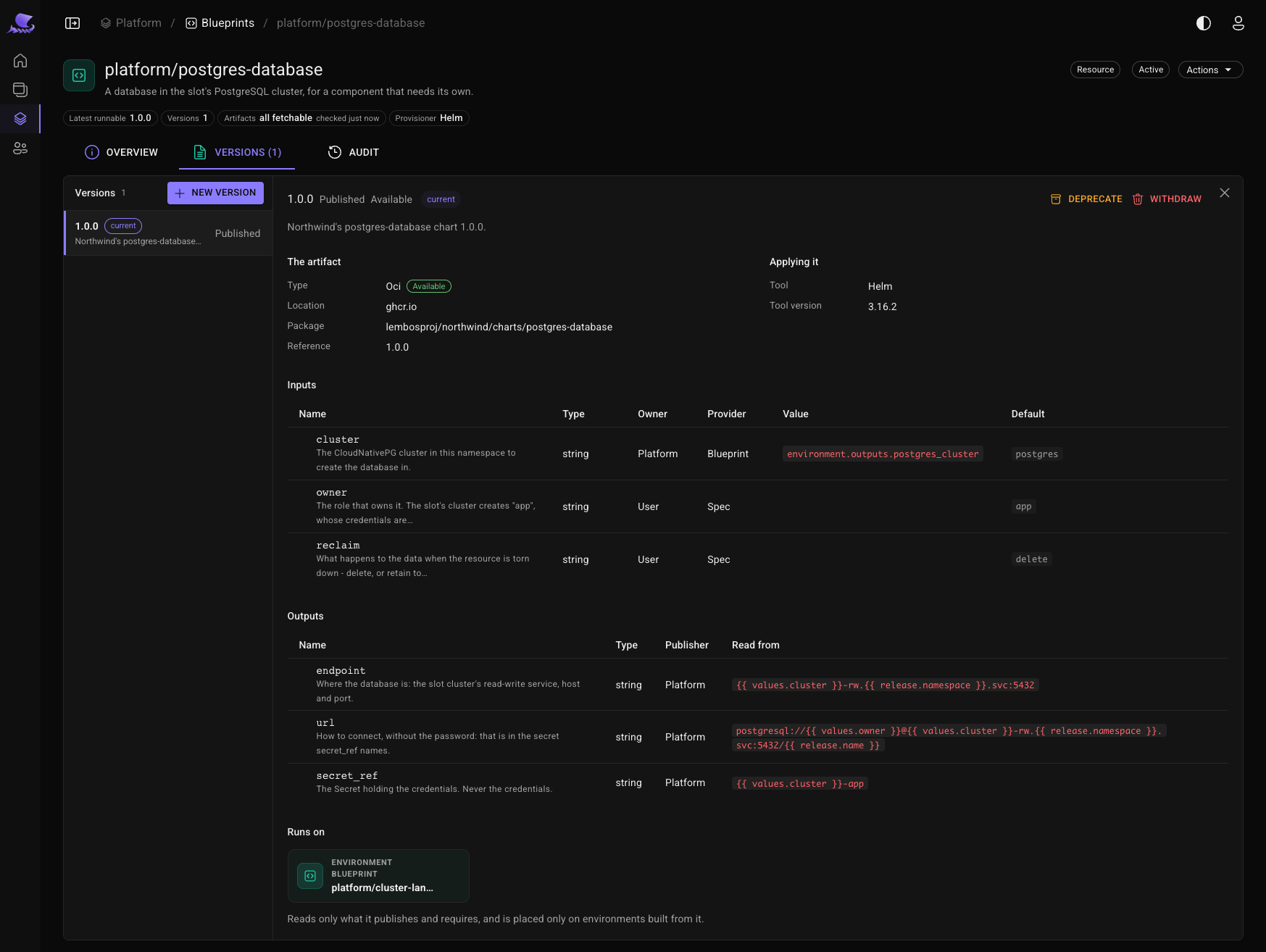 postgres-database 1.0.0: cluster read from environment.outputs.postgres_cluster, owner and reclaim left to the spec, three outputs, running on the landing zone.
