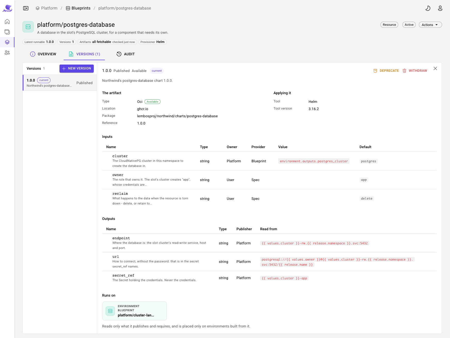 postgres-database 1.0.0: cluster read from environment.outputs.postgres_cluster, owner and reclaim left to the spec, three outputs, running on the landing zone.