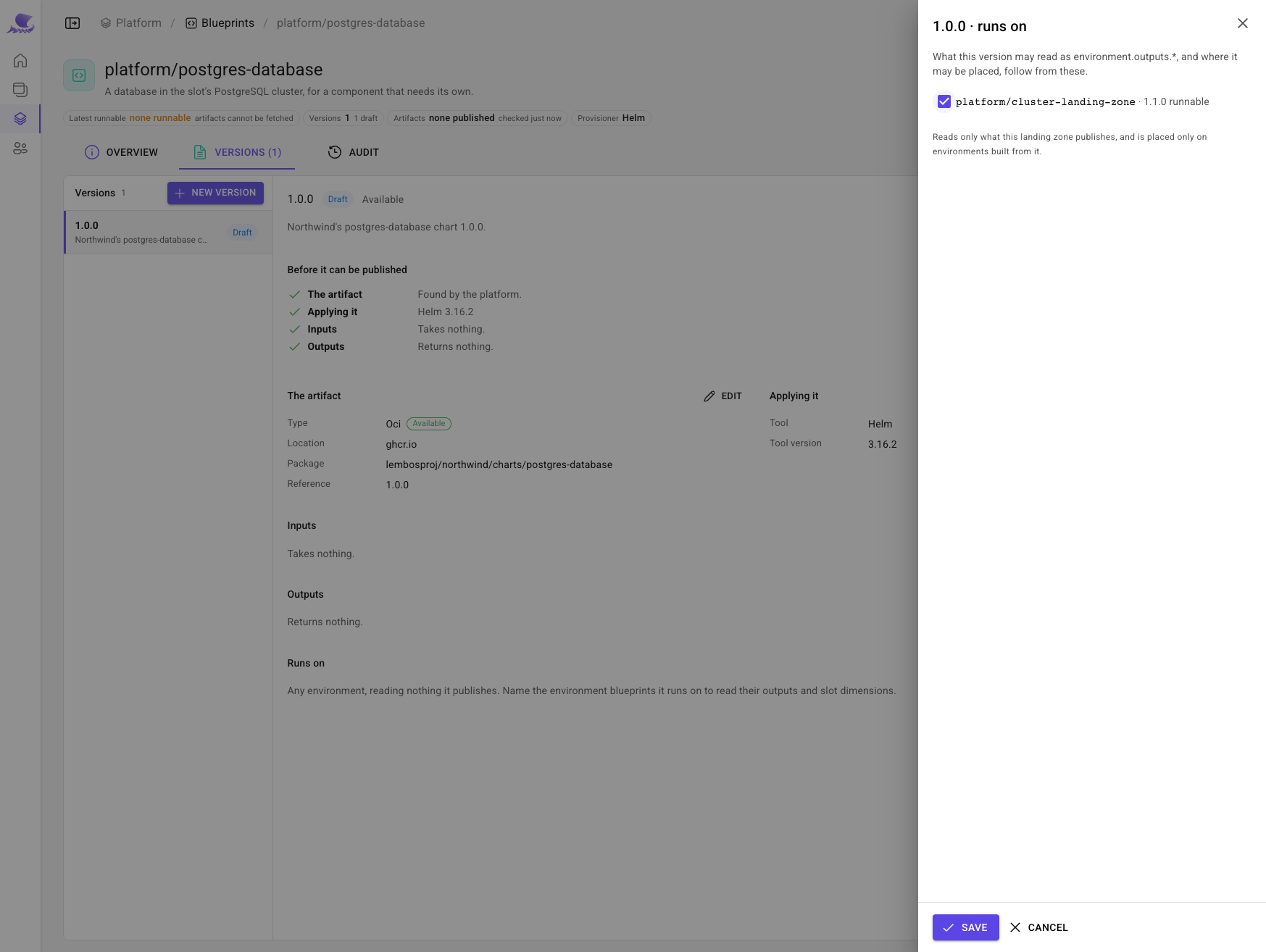 The Runs on sheet for postgres-database 1.0.0: platform/cluster-landing-zone chosen.