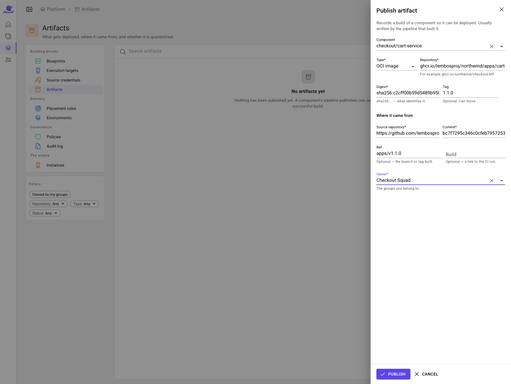 The Publish artifact sheet: an OCI image for checkout/cart-service, ghcr.io/lembosproj/northwind/apps/cart-service, tag 1.1.0, with its digest and source commit.