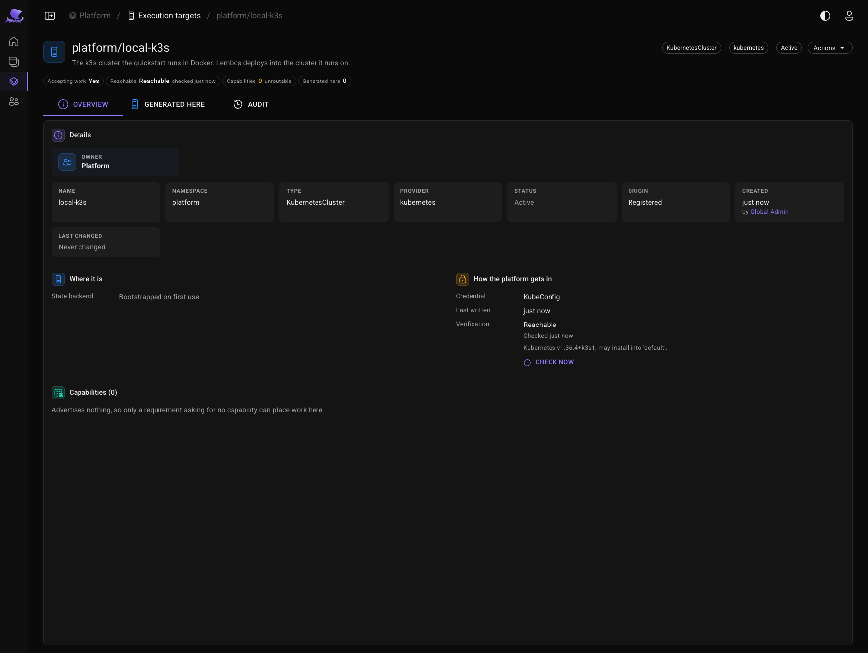 platform/local-k3s, reachable: Kubernetes v1.36.4+k3s1, verified just now.