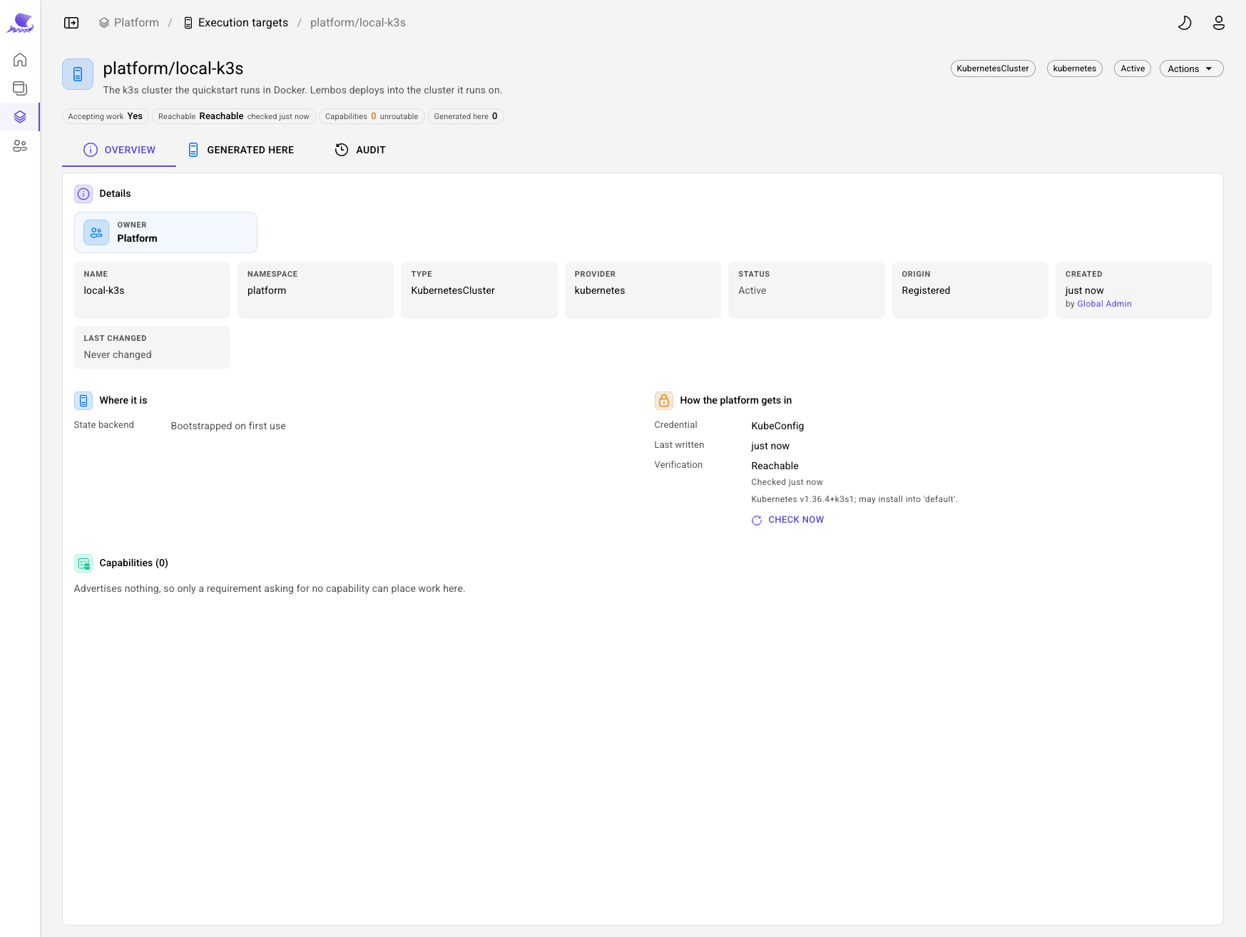 platform/local-k3s, reachable: Kubernetes v1.36.4+k3s1, verified just now.