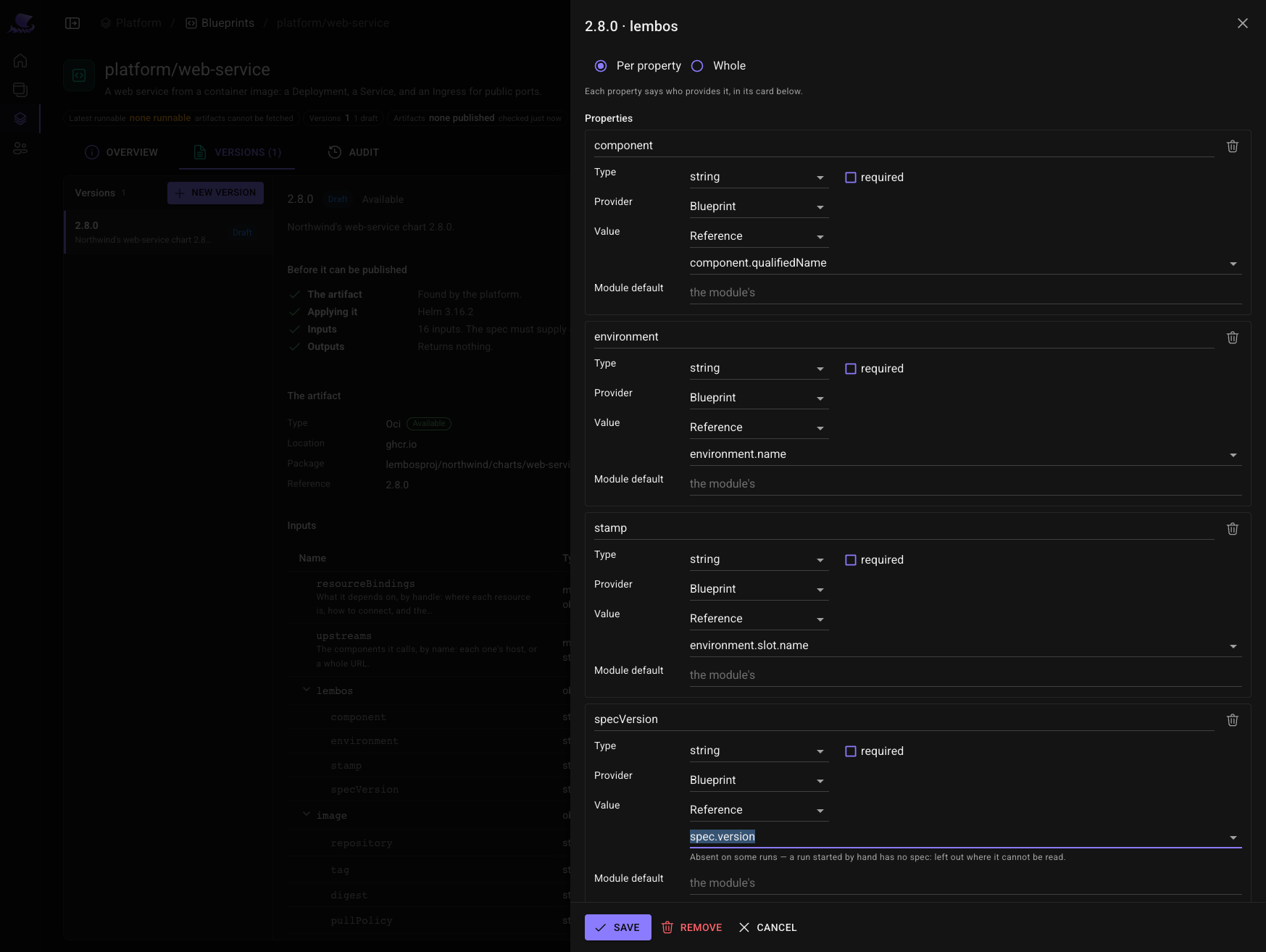 The web-service lembos input: component, environment, stamp and specVersion, each answered by the blueprint with a reference.