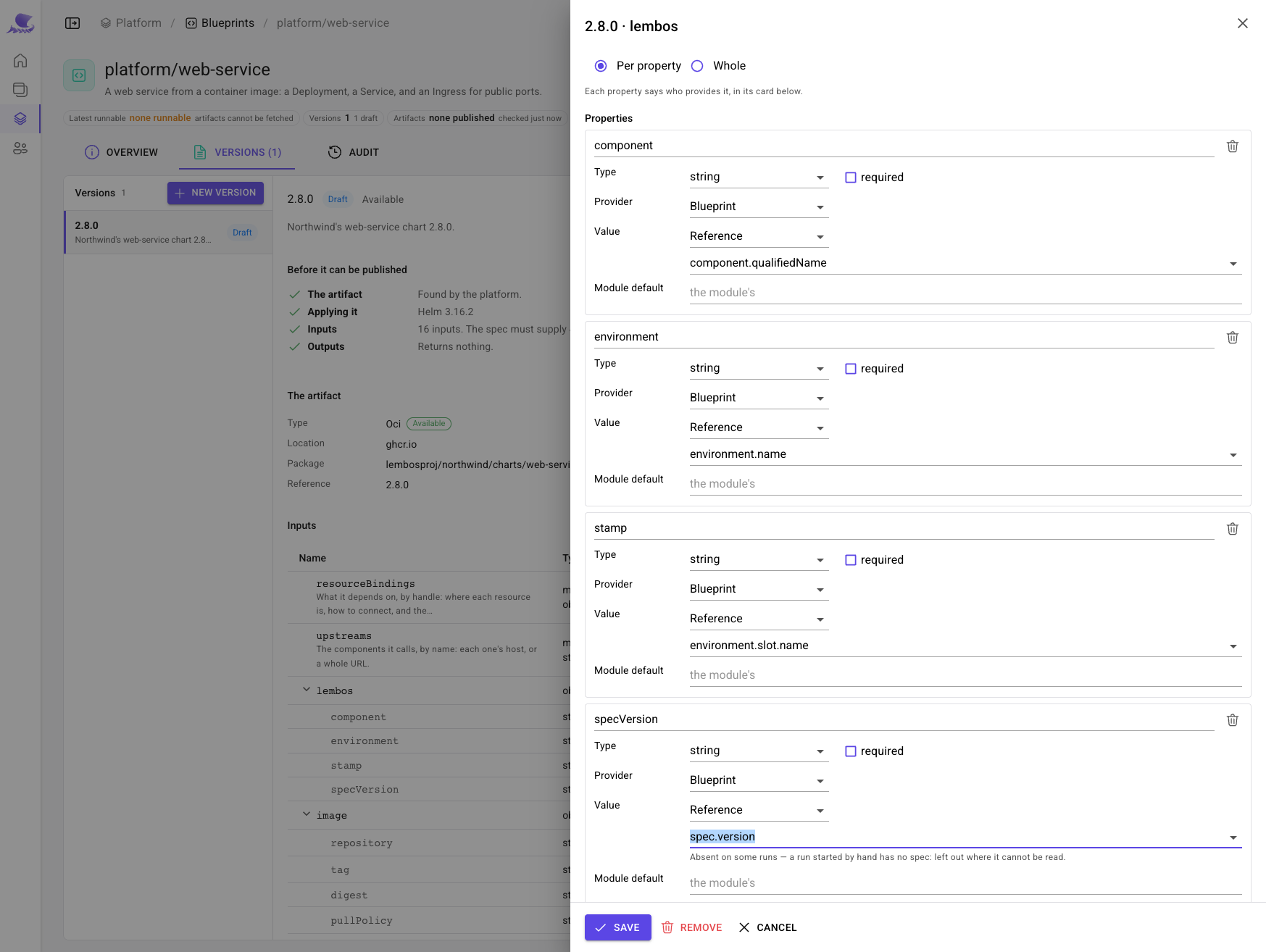 The web-service lembos input: component, environment, stamp and specVersion, each answered by the blueprint with a reference.