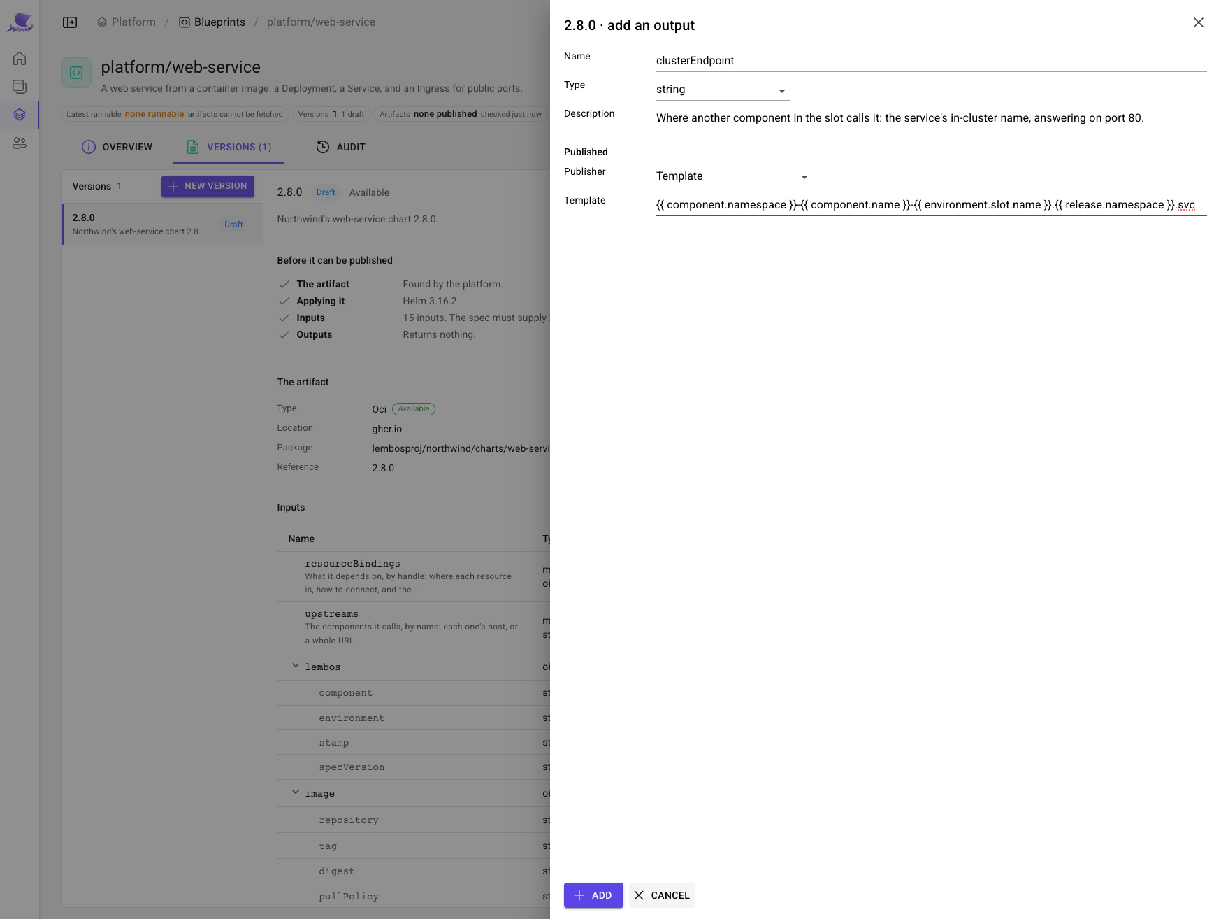 Adding the clusterEndpoint output: a template naming the service in its slot's namespace.