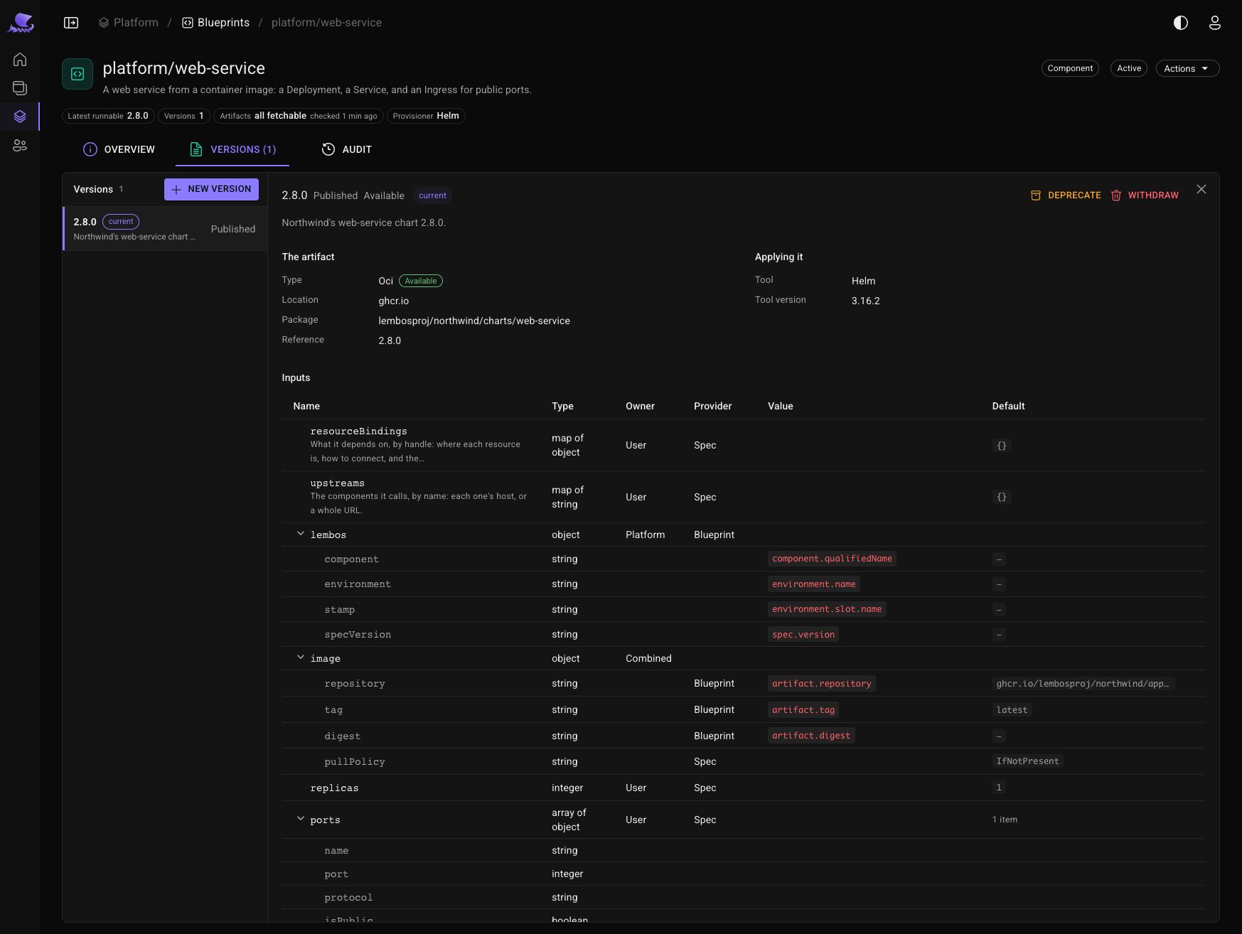 web-service 2.8.0 published: its chart, Helm 3.16.2, and its inputs — the platform's answered, the team's left to the spec.
