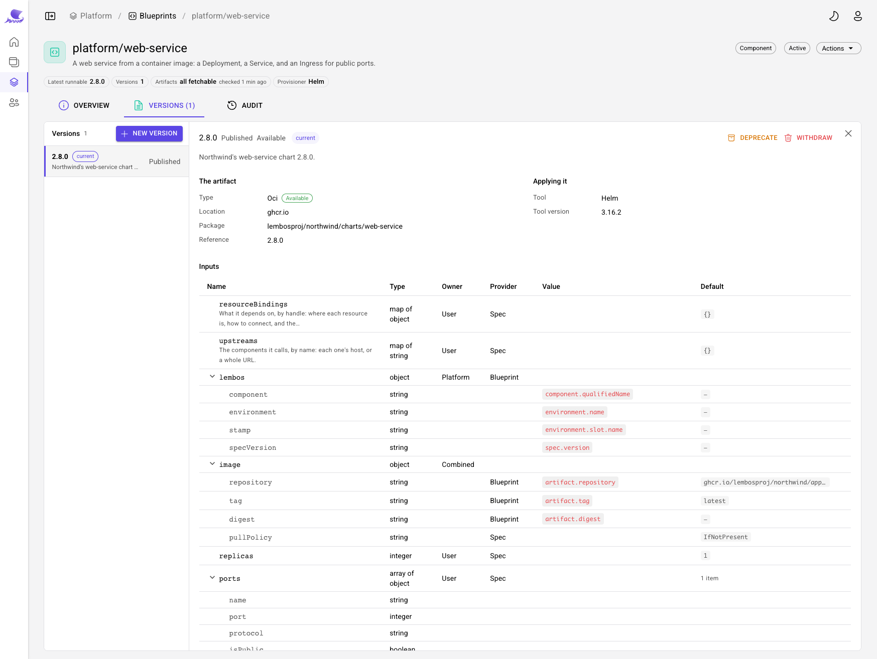 web-service 2.8.0 published: its chart, Helm 3.16.2, and its inputs — the platform's answered, the team's left to the spec.